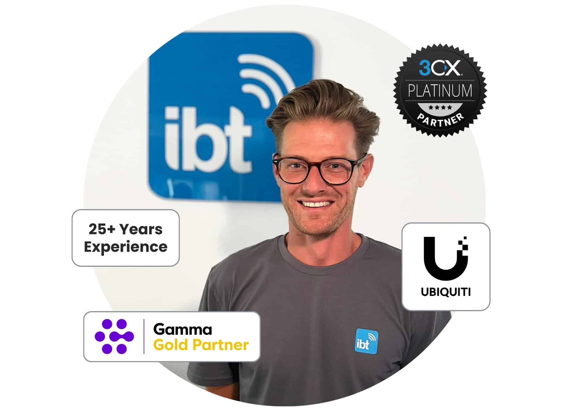 IBT telecoms and IT specialist in the office, highlighting 3CX Platinum Partner, Gamma Gold Partner and Ubiquiti certification with over 25 years’ experience